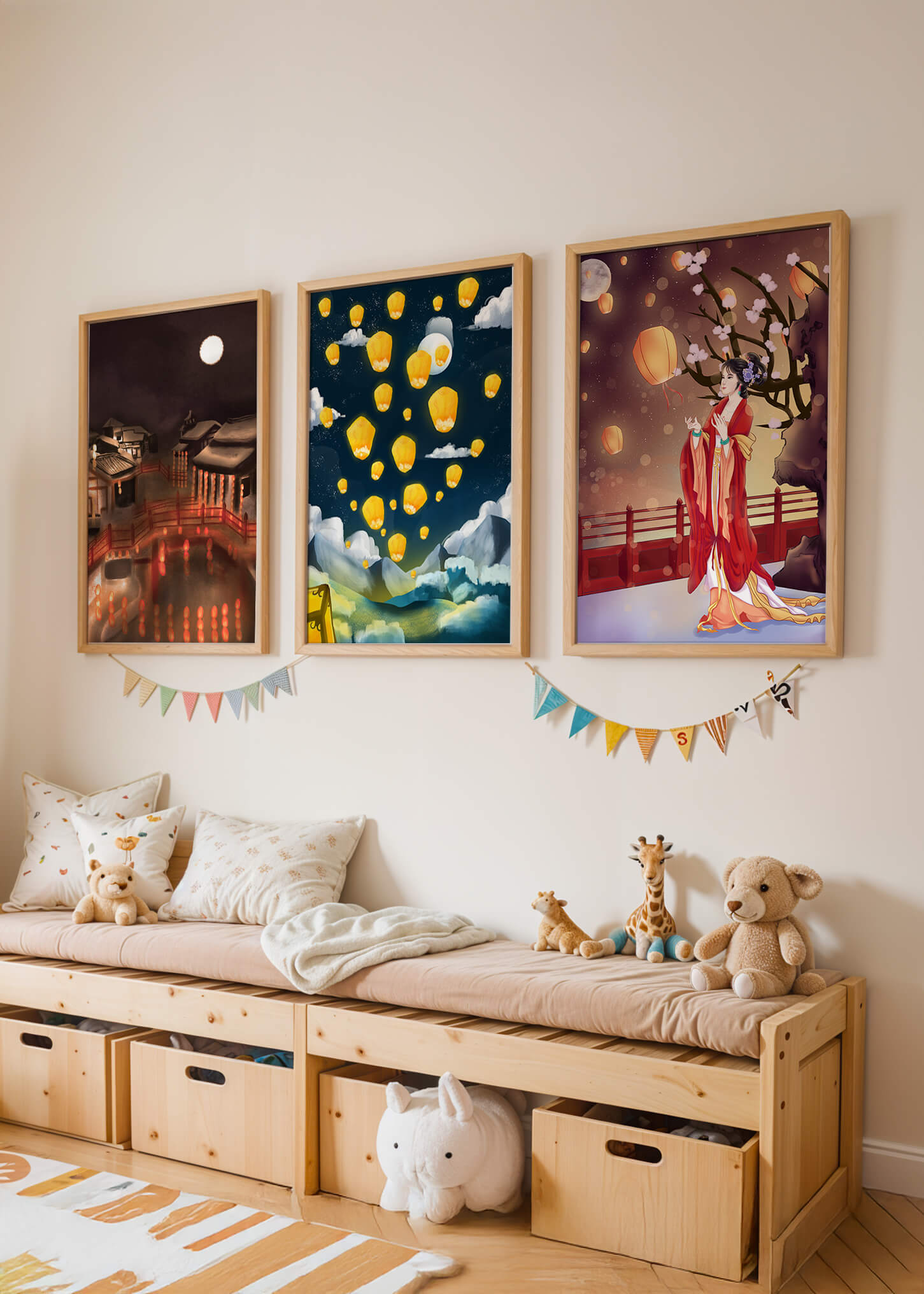 Ensemble de toiles avec éléments asiatiques et lanternes lumineuses