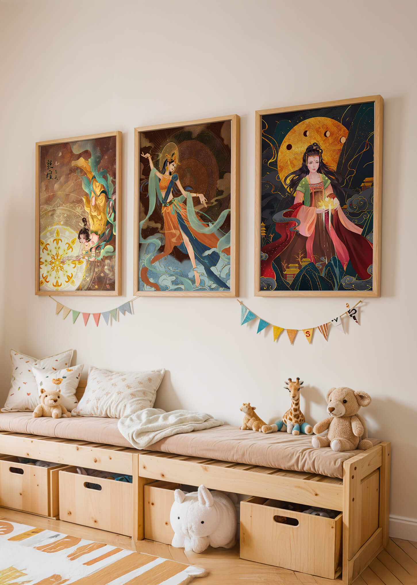 Impresiones de arte asiático con figuras femeninas y elementos dorados