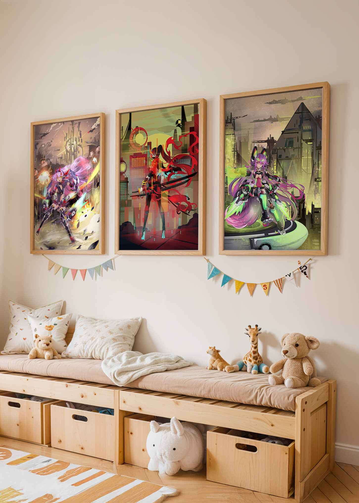 Conjunto De Tres Imágenes Futuristas De Personajes Anime En Una Habitación Moderna