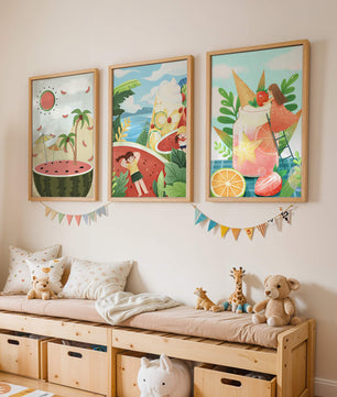Ensemble d'illustrations estivales avec des fruits et des scènes tropicales