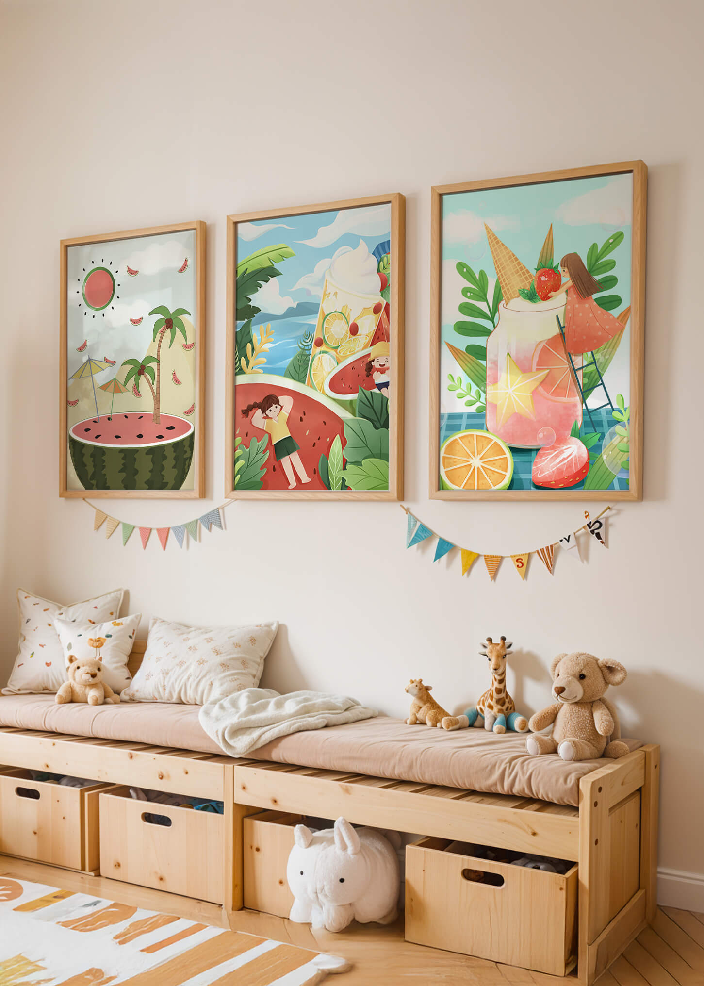 Conjunto de Ilustraciones Veraniegas con Frutas y Escenas Tropicales