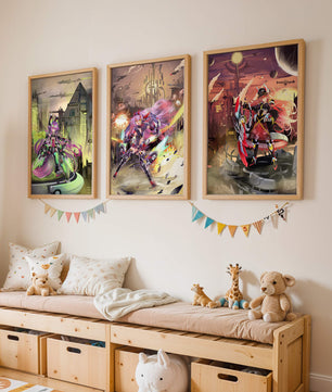 Trio d’illustrations futuristes dans des cadres de couleur claire