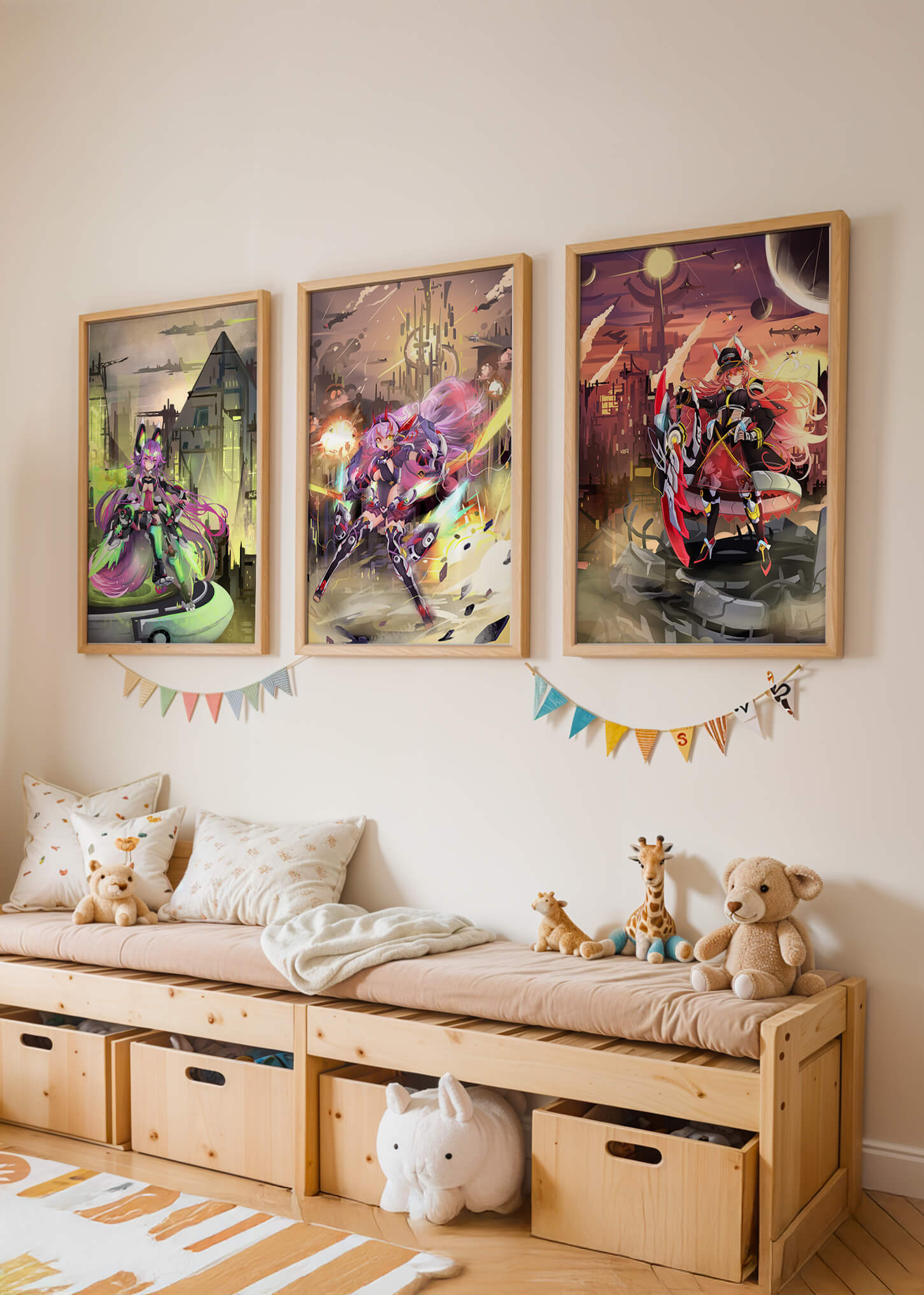 Trio d’illustrations futuristes dans des cadres de couleur claire
