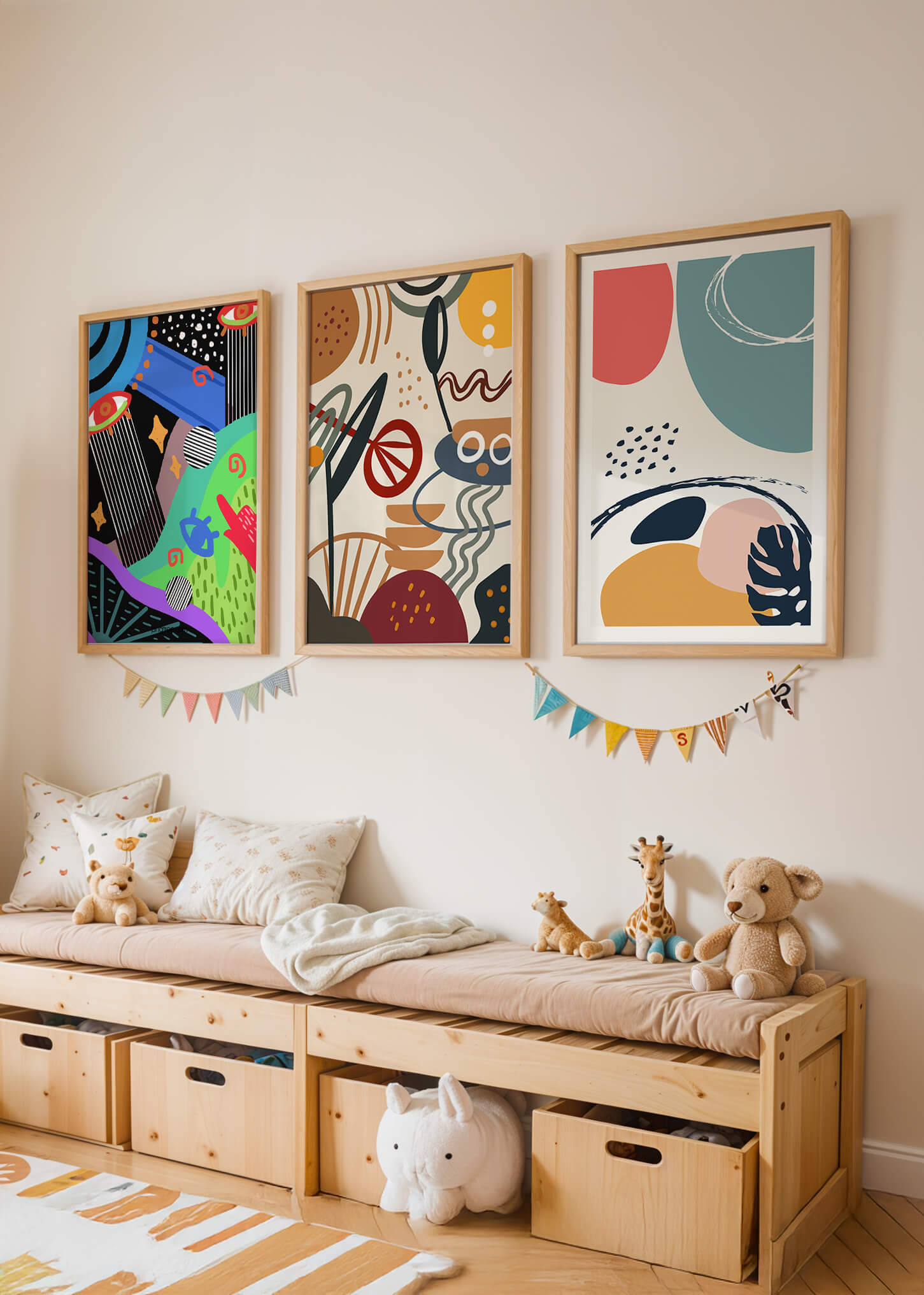 Ensemble de toiles abstraites modernes avec cadres en bois