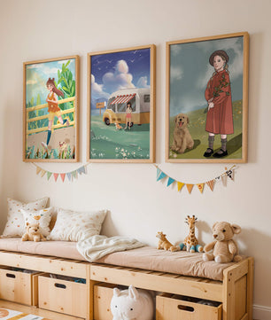 Conjunto de cuadros ilustrativos sin marco en ambiente moderno