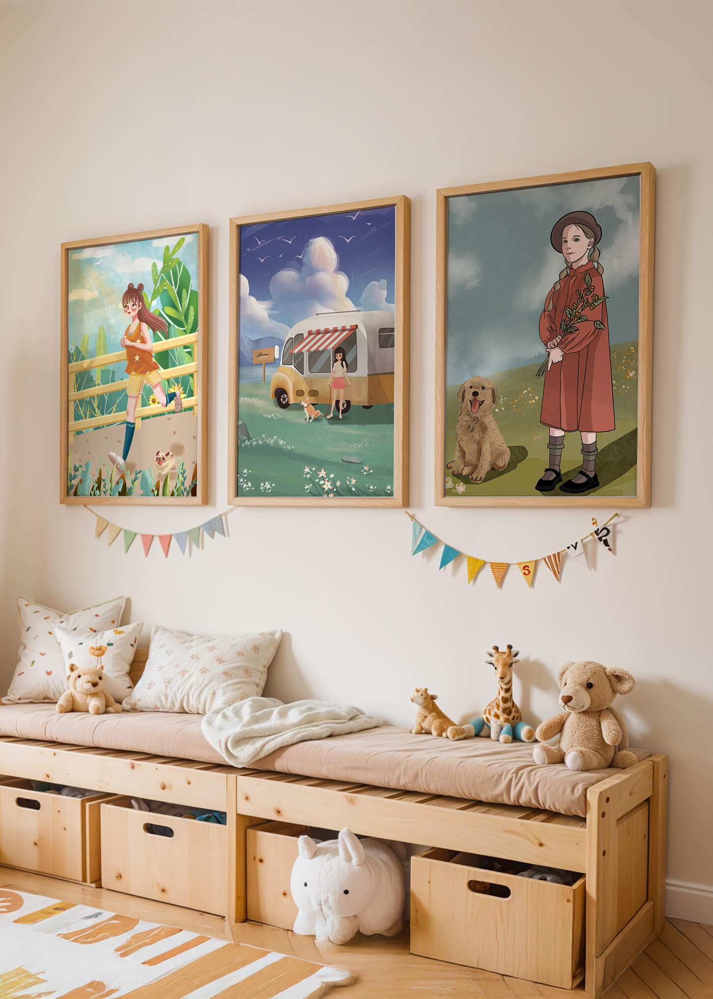 Conjunto de cuadros ilustrativos sin marco en ambiente moderno