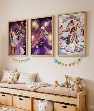 Triptyque d’art anime avec estampes de personnages en kimono