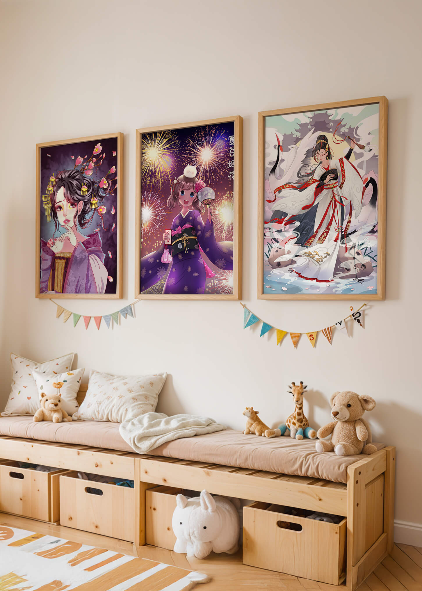 Tríptico de Arte Anime con Estampas de Personajes en Kimono