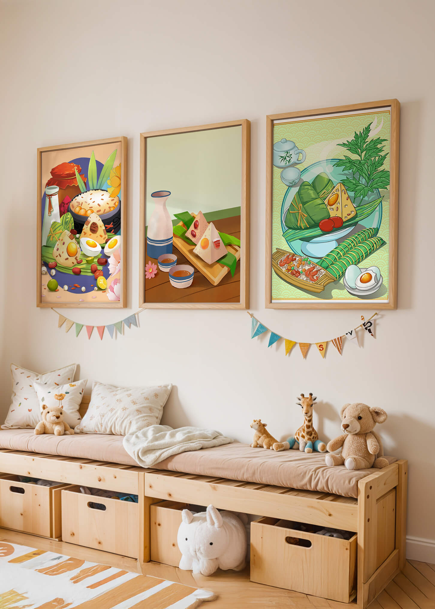 Illustrations de cuisine asiatique dans des cadres en bois