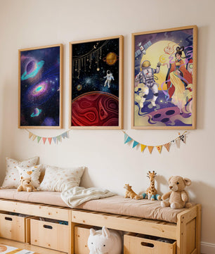 Triptyque d'art spatial avec astronautes en impression de haute qualité