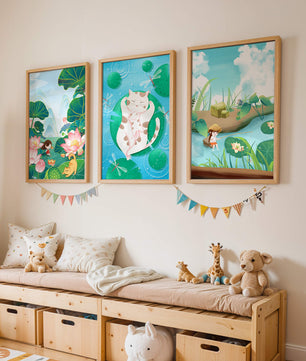 Ensemble d'illustrations artistiques pour enfants avec des chats et la nature
