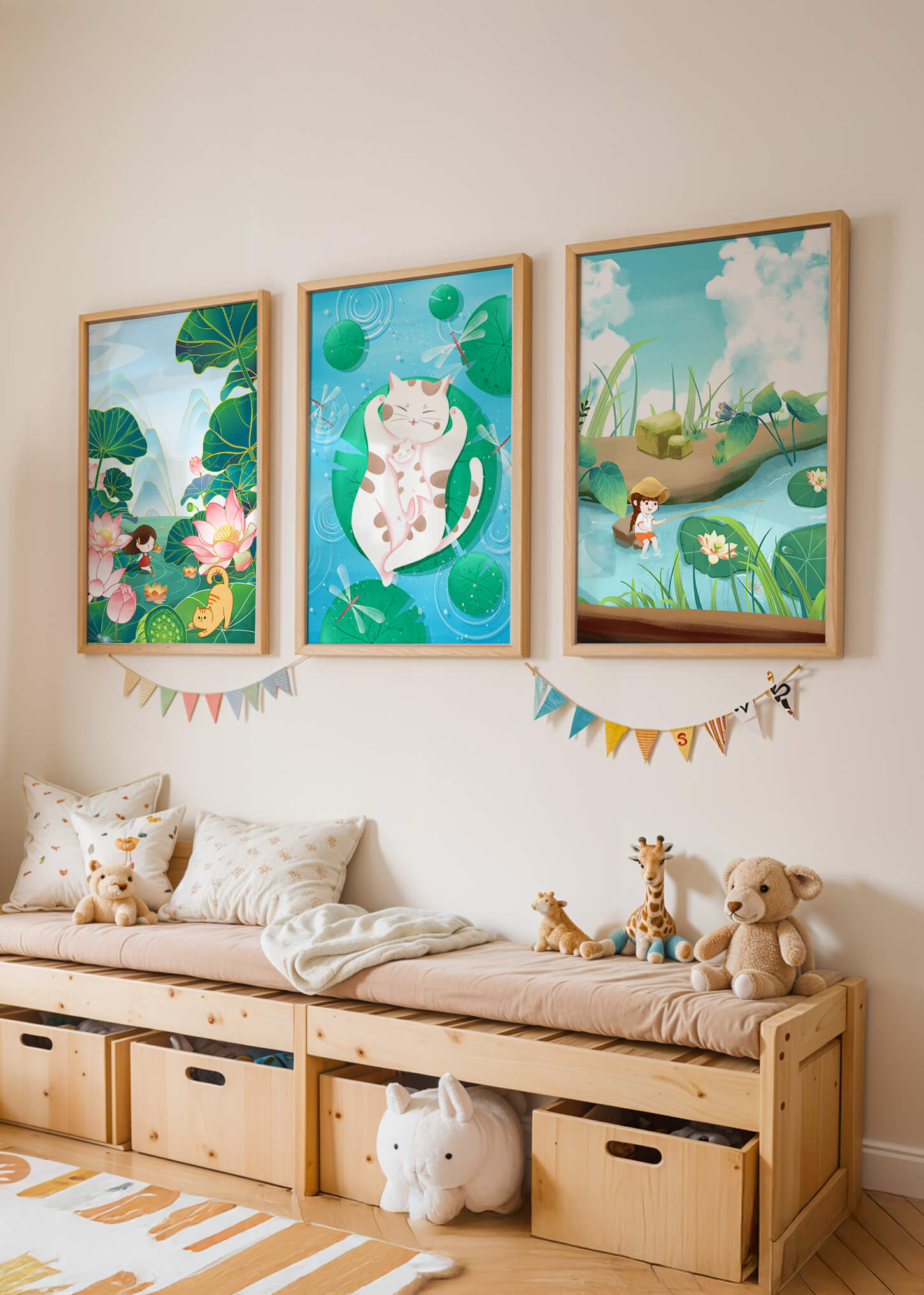 Ensemble d'illustrations artistiques pour enfants avec des chats et la nature