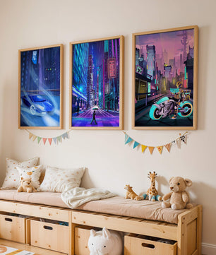 Ensemble d’impressions d’art futuriste avec des villes et des véhicules