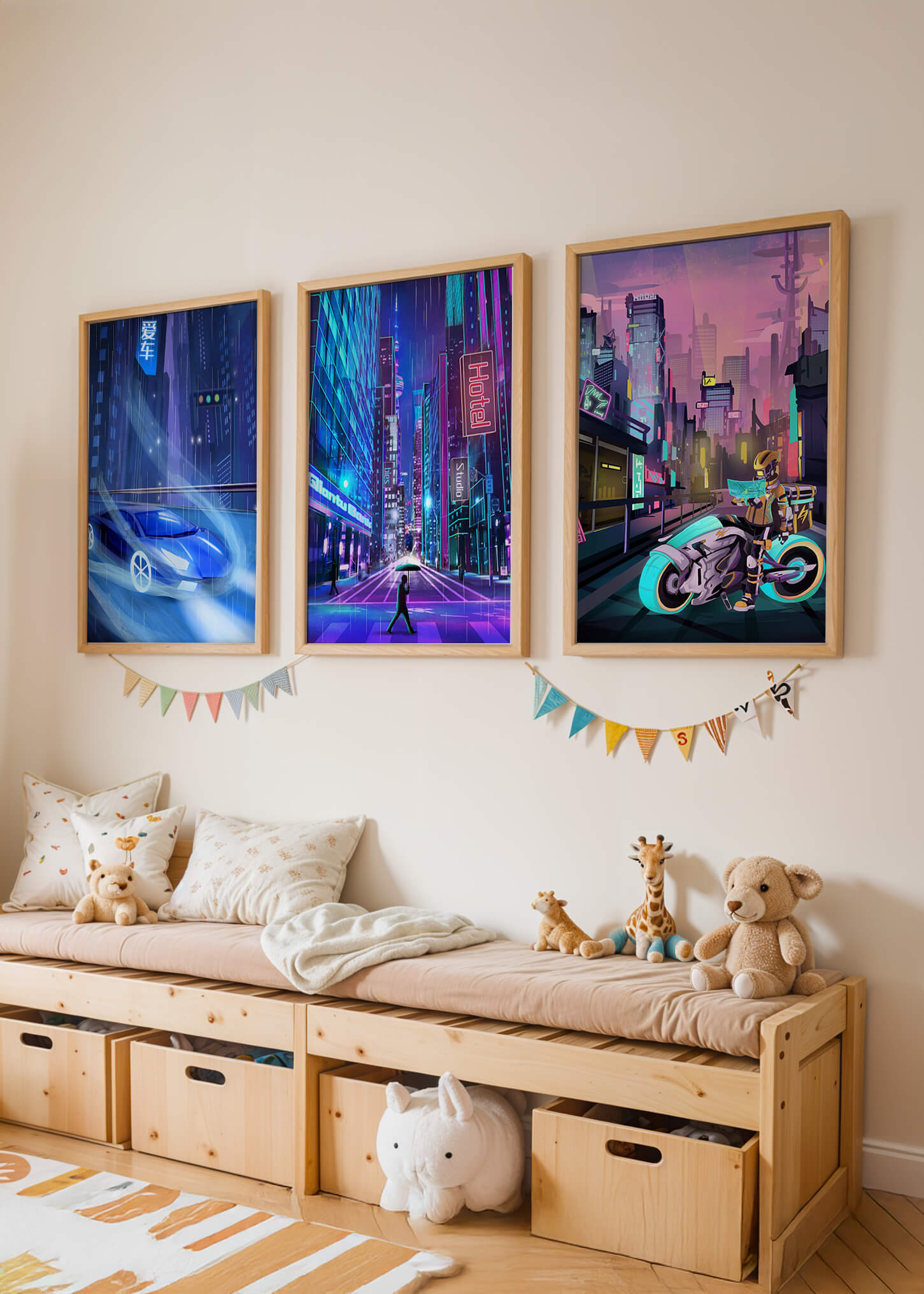 Ensemble d’impressions d’art futuriste avec des villes et des véhicules