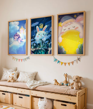 Illustrations de lapin et d'enfant dans un environnement nocturne