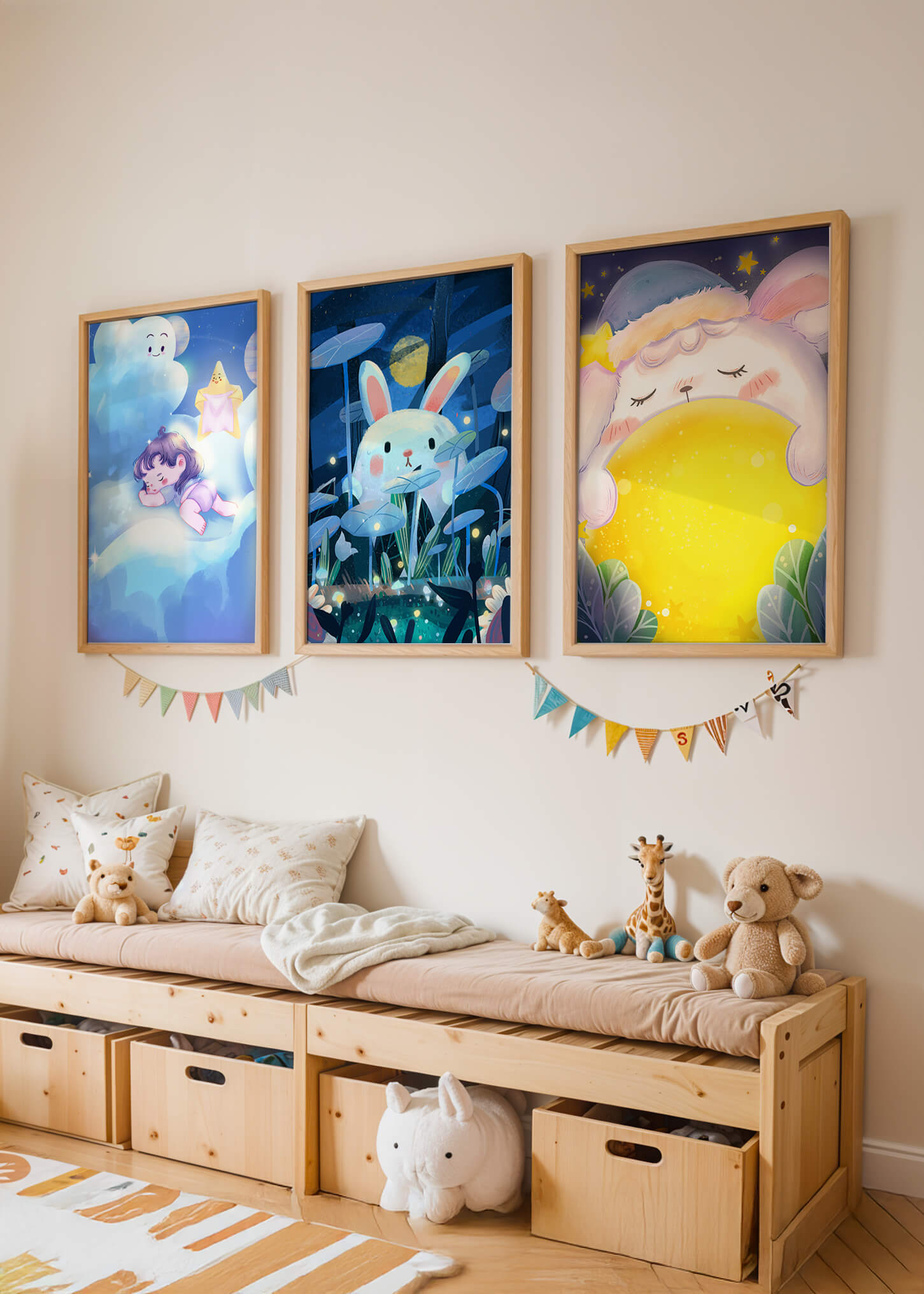 Illustrations de lapin et d'enfant dans un environnement nocturne