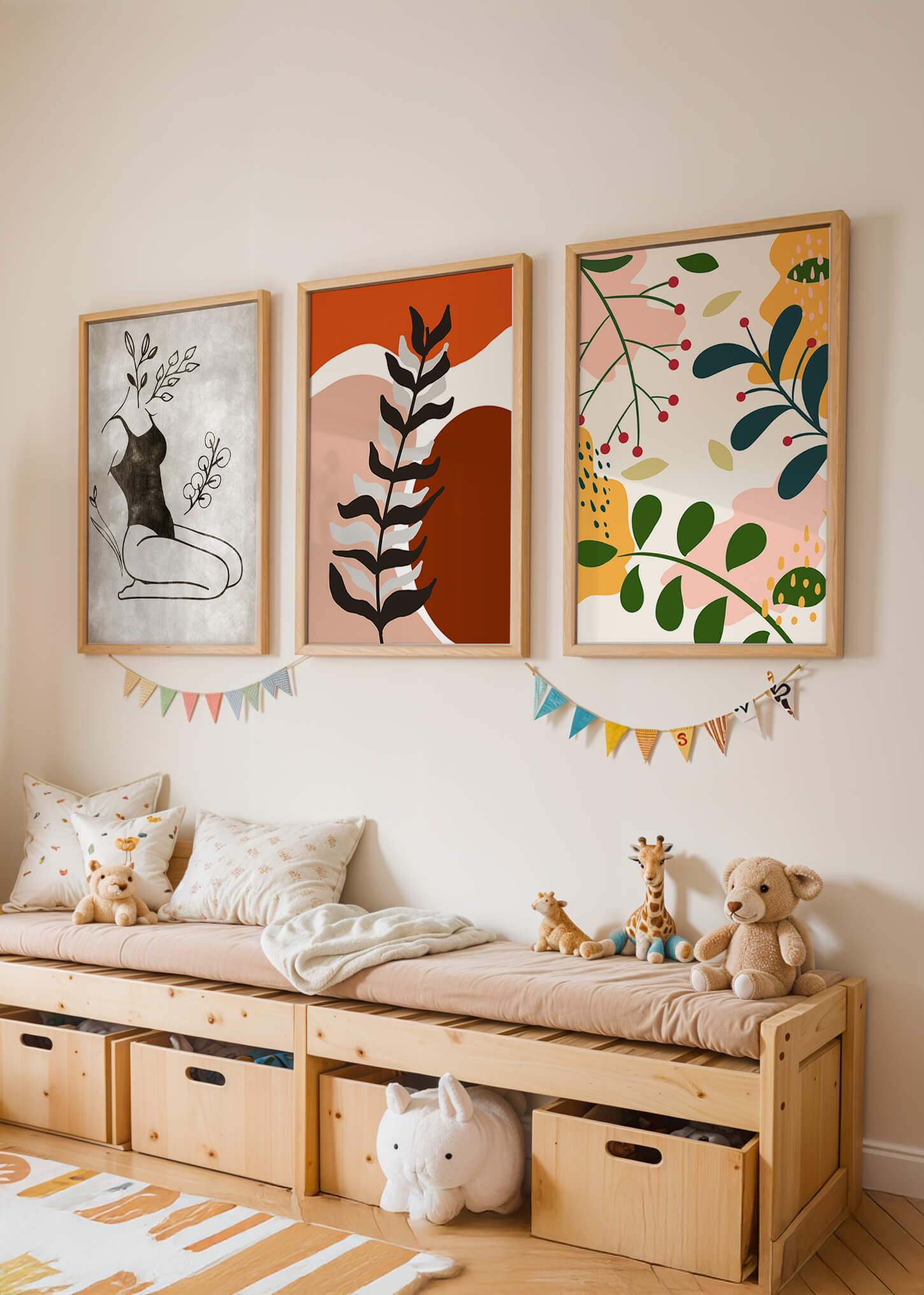 Conjunto De Arte Moderno Abstracto En Madera Clara Sin Marco