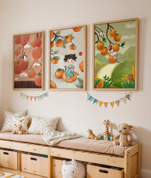 Illustrations de fruits avec des filles sur un fond en bois