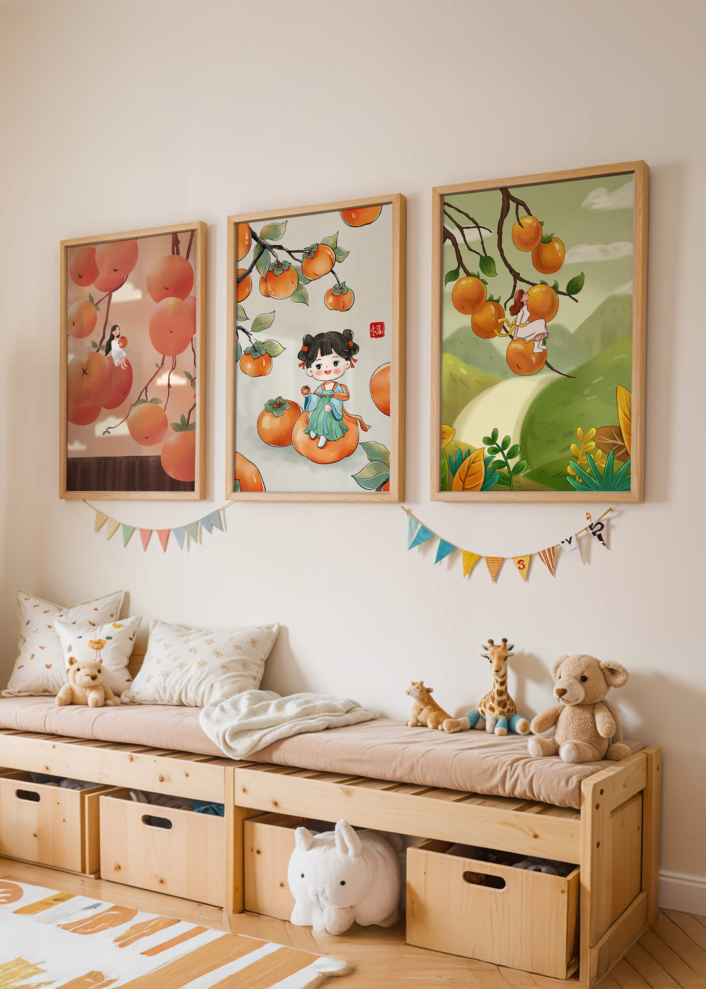 Illustrations de fruits avec des filles sur un fond en bois