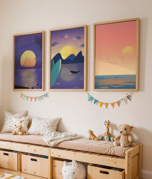 Minimale Sonnenuntergang-Landschaften in digitaler Kunst ohne Rahmen auf Holzboden