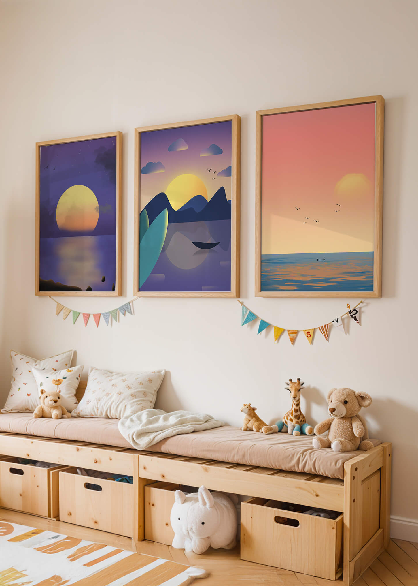 Minimale Sonnenuntergang-Landschaften in digitaler Kunst ohne Rahmen auf Holzboden