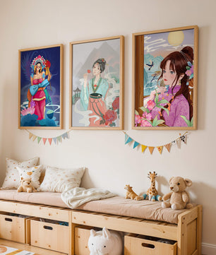Moderne asiatische Kunst mit Frauen und Natur