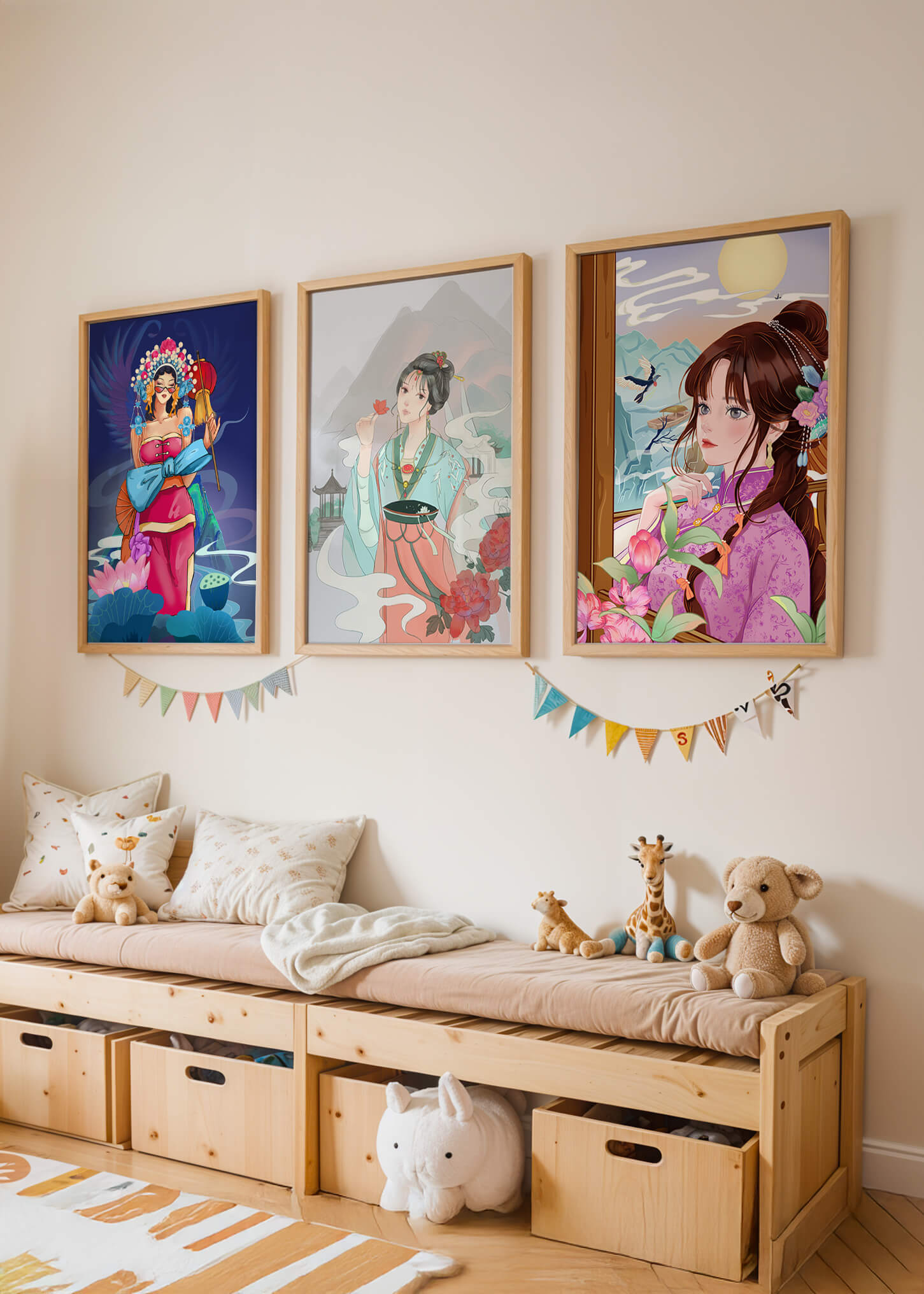 Moderne asiatische Kunst mit Frauen und Natur