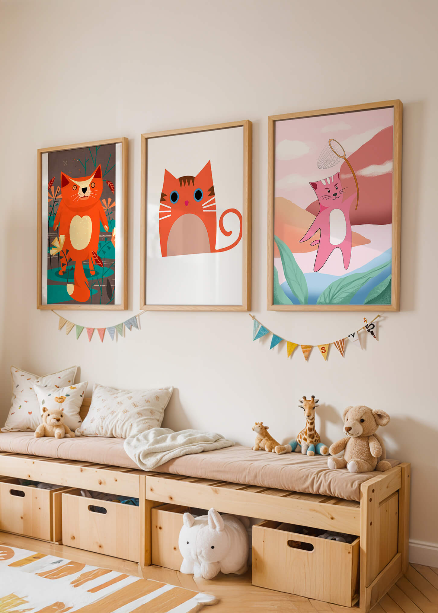 Tríptico De Ilustraciones De Gatos En Diseños Modernos