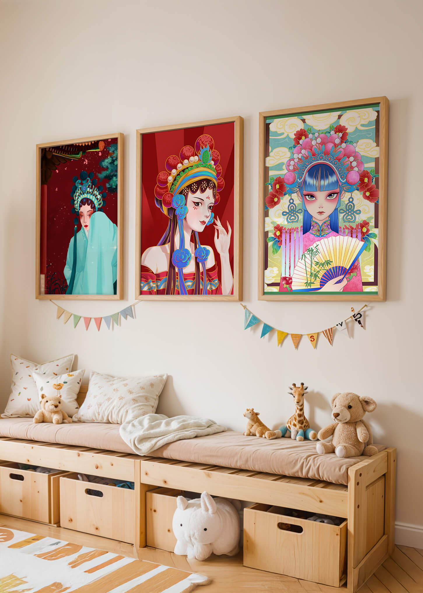 Set De Tres Ilustraciones Coloridas De Mujeres Con Tocados Tradicionales Asiáticos