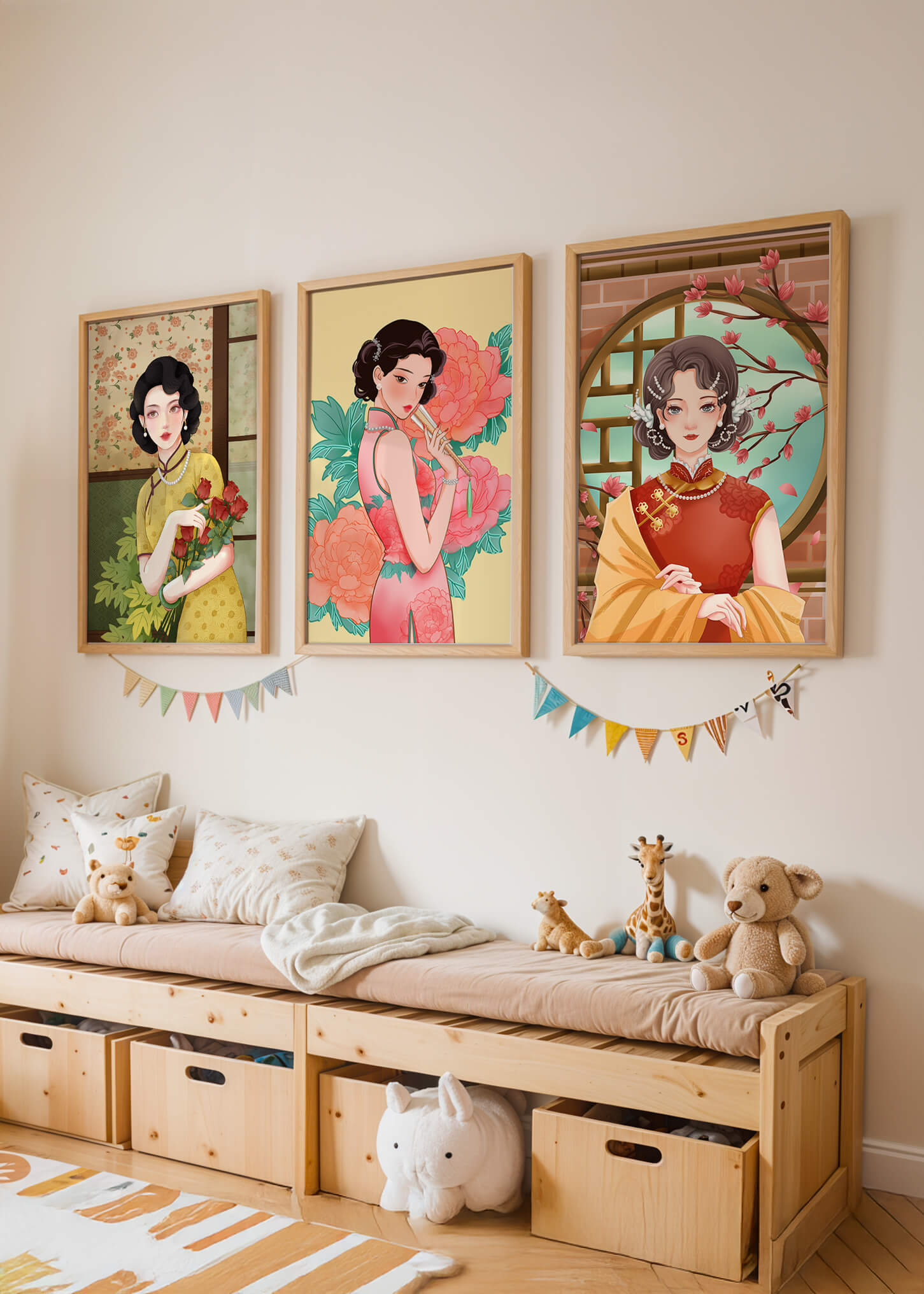 Conjunto de Tres Ilustraciones de Mujeres con Estilo Asiático Clásico