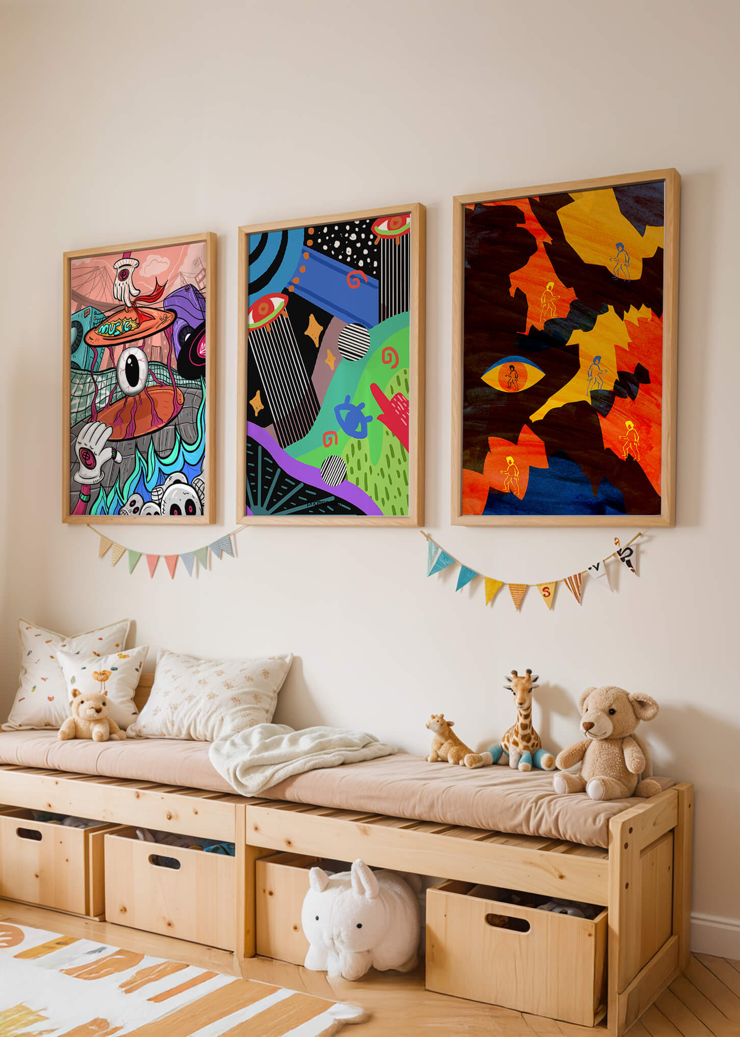 Tríptico de Arte Contemporáneo sin Marco con Estilo Pop y Abstracto