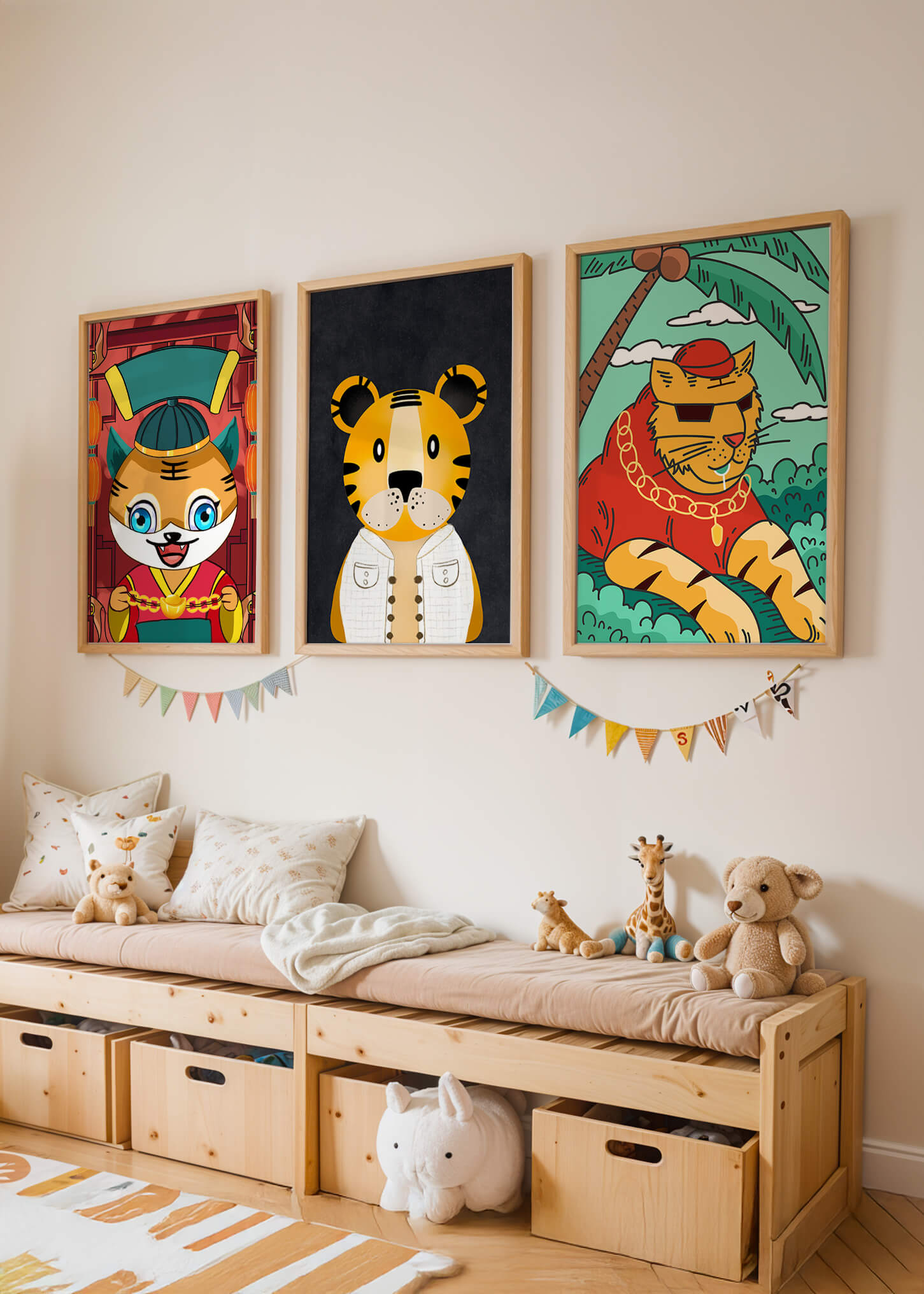 Impressions d’animaux colorés dans des cadres en bois