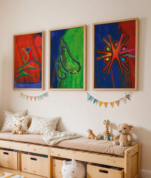 Conjunto de Tres Obras de Arte Abstracto con Elementos en Colores Vibrantes