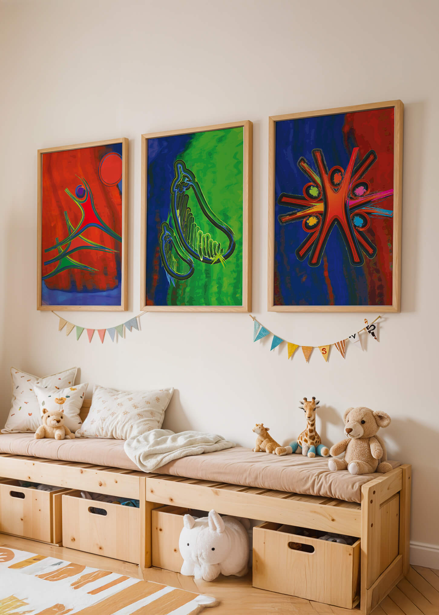 Conjunto de Tres Obras de Arte Abstracto con Elementos en Colores Vibrantes