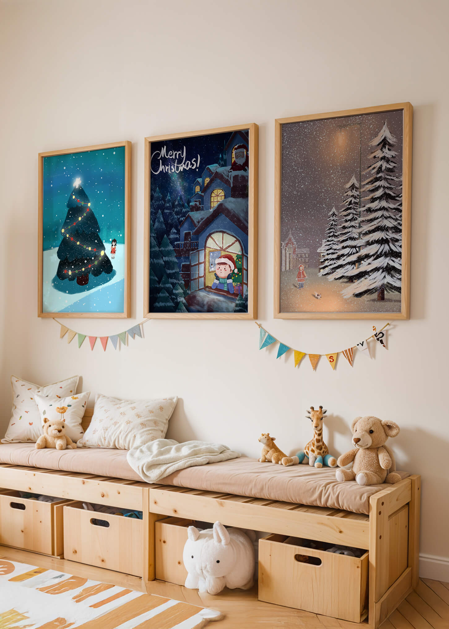 Decoración Navideña con Ilustraciones de Invierno y Ámbitos Festivos