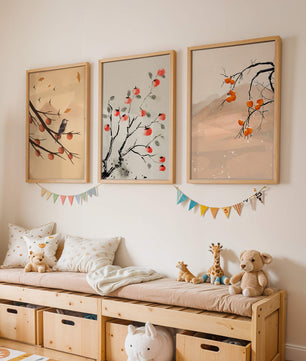 Conjunto de Obras de Arte con Ramas y Frutas en Estilo Oriental