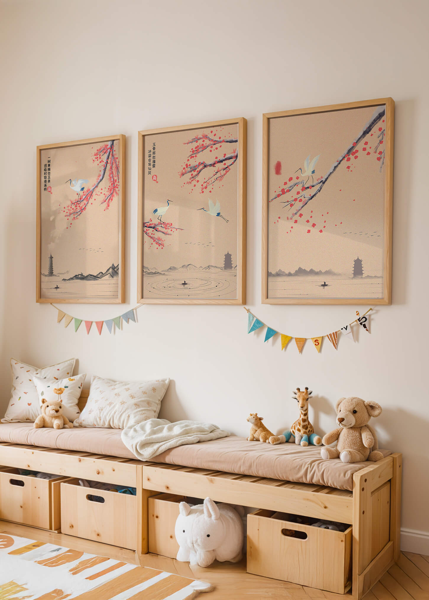 Conjunto De Arte Oriental Con Grullas Y Flores De Cerezo