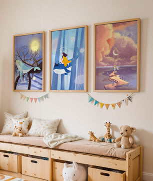 Triptyque d'Illustrations Fantastiques Sans Cadre avec Baleines et Paysages de Rêve