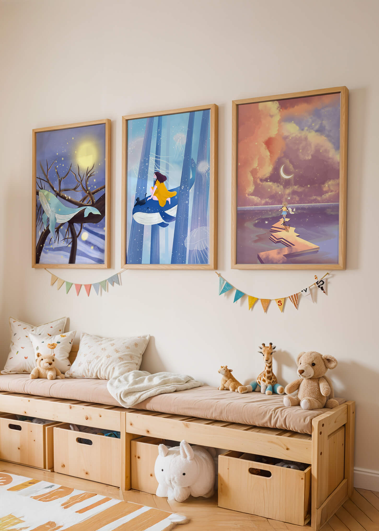 Triptyque d'Illustrations Fantastiques Sans Cadre avec Baleines et Paysages de Rêve