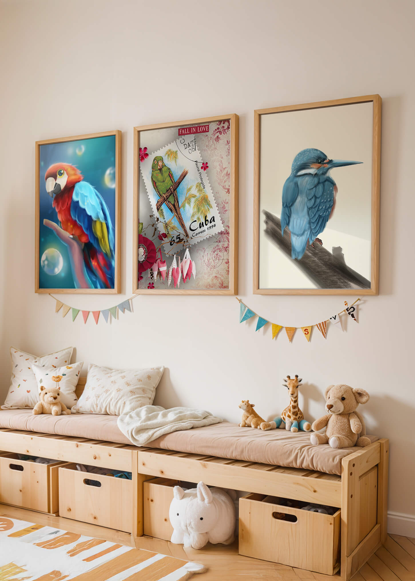 Arte Decorativo con Pájaros Coloridos en Impresión de Alta Calidad