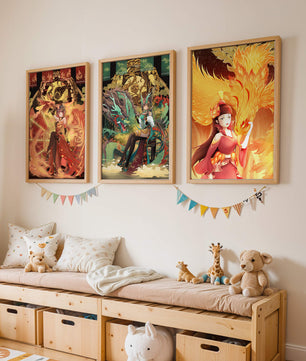Triptyque d’art fantastique avec des figures mythiques dans des cadres dorés