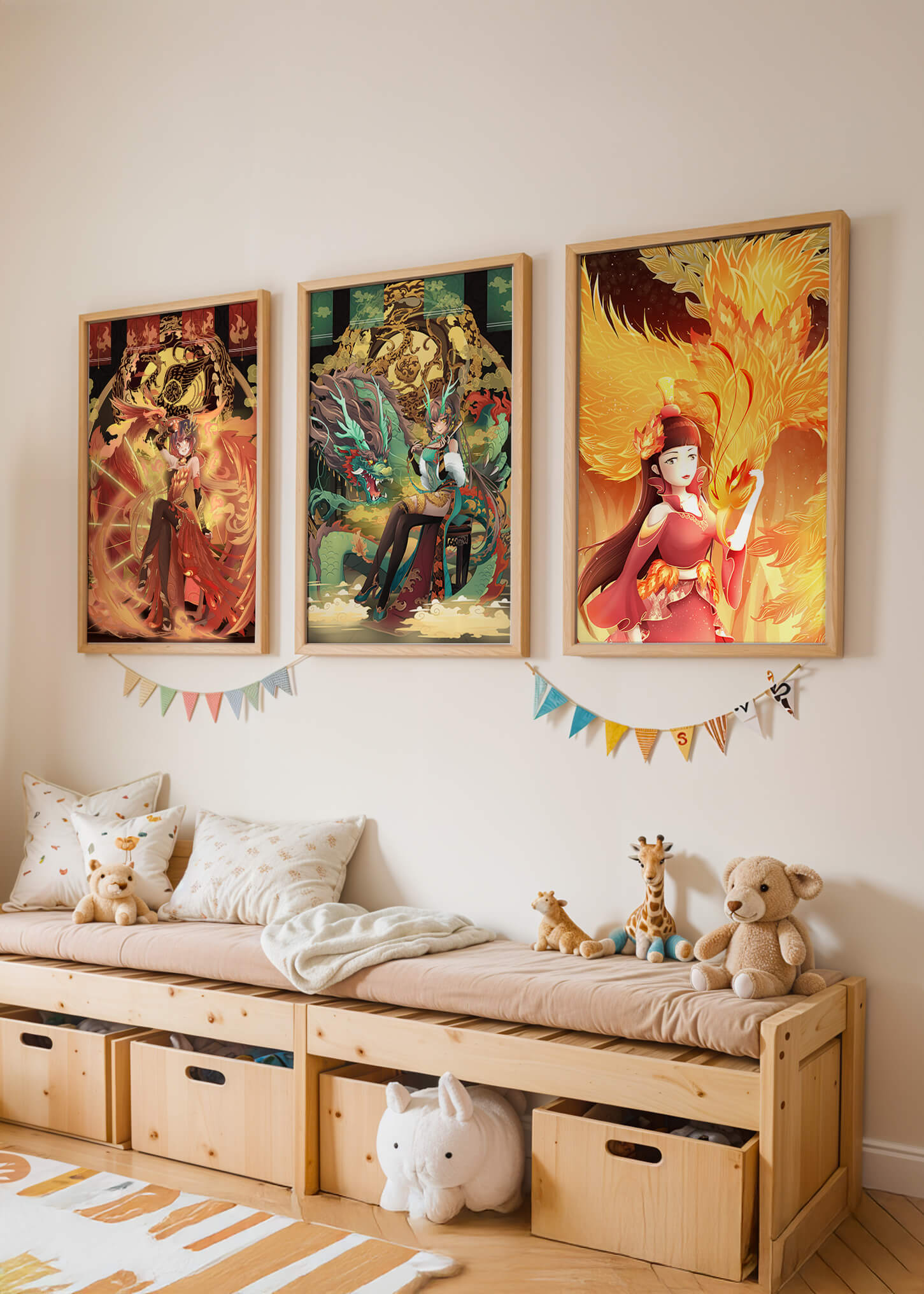 Tríptico De Arte Fantástico Con Figuras Míticas En Marcos Dorados