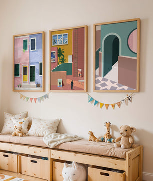 Ensemble de tableaux modernes avec architecture colorée