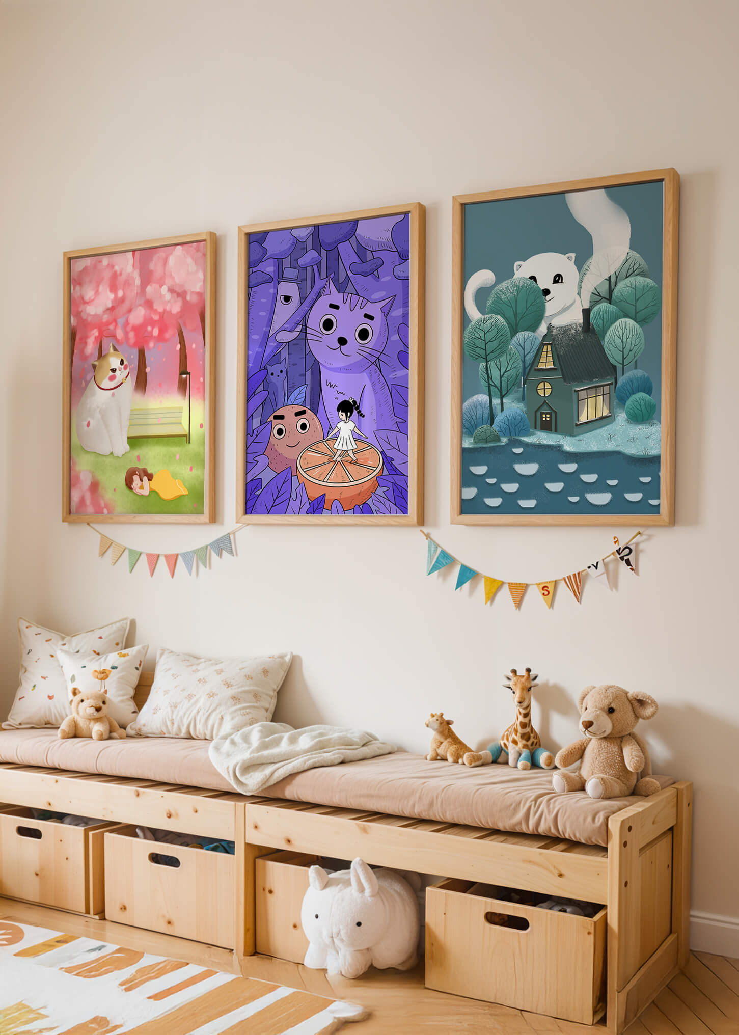 Triptyque d’illustrations de chats dans des paysages magiques