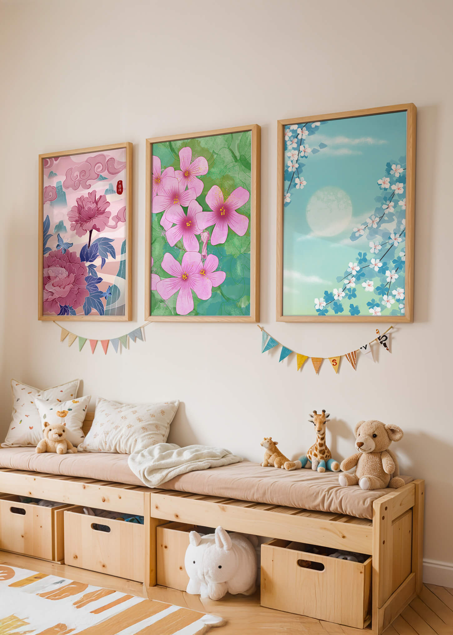 Buntes florales Triptychon mit Naturinspirationen