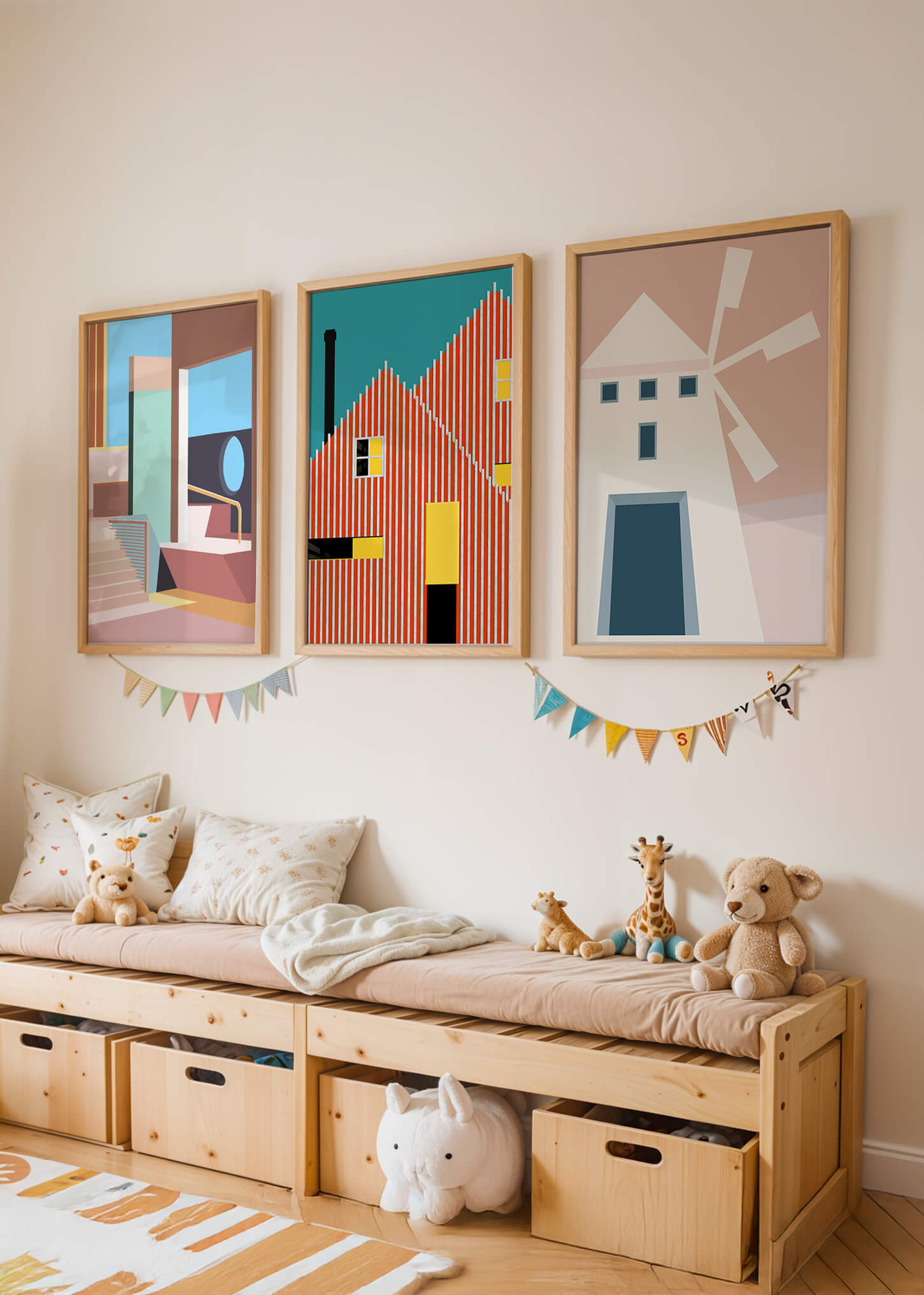 Œuvres d'art moderne avec design architectural dans un environnement minimaliste