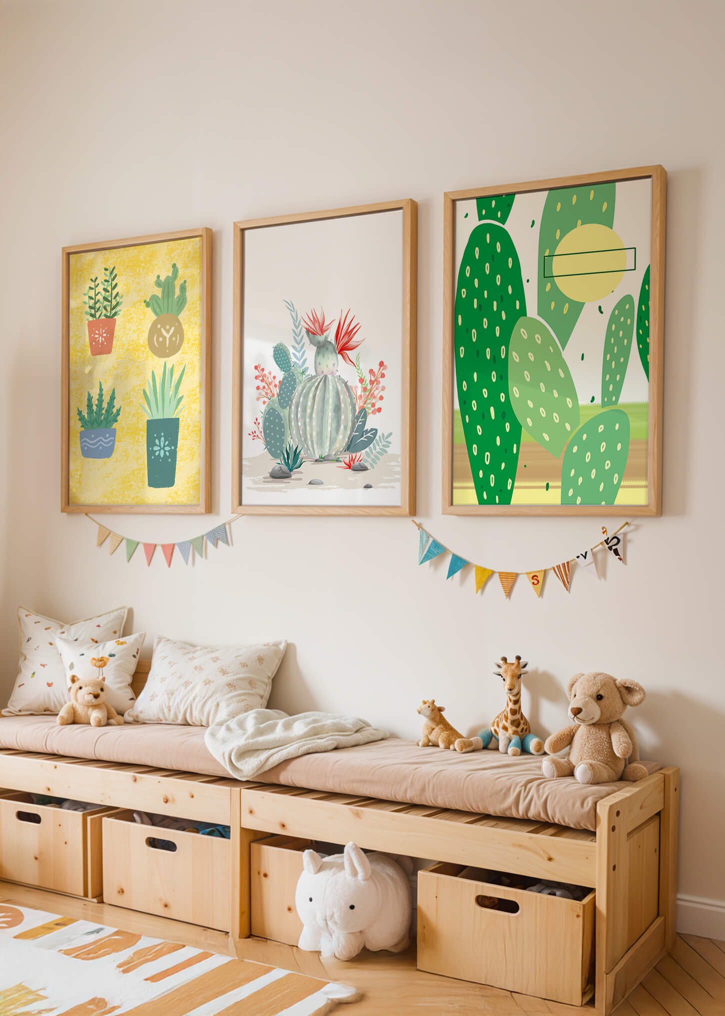 Conjunto de Ilustraciones de Cactus en Marcos de Madera en Pared Clara