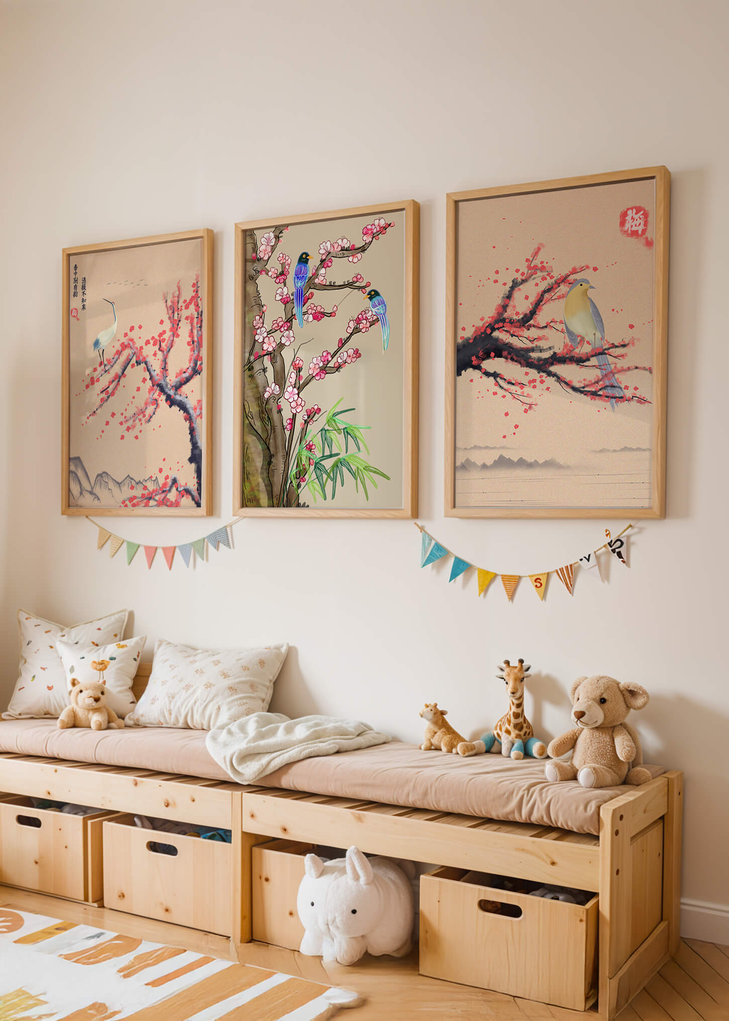 Decoración Oriental con Pájaros y Flores
