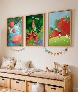 Ensemble d’illustrations de fraise avec une fillette dans un environnement naturel