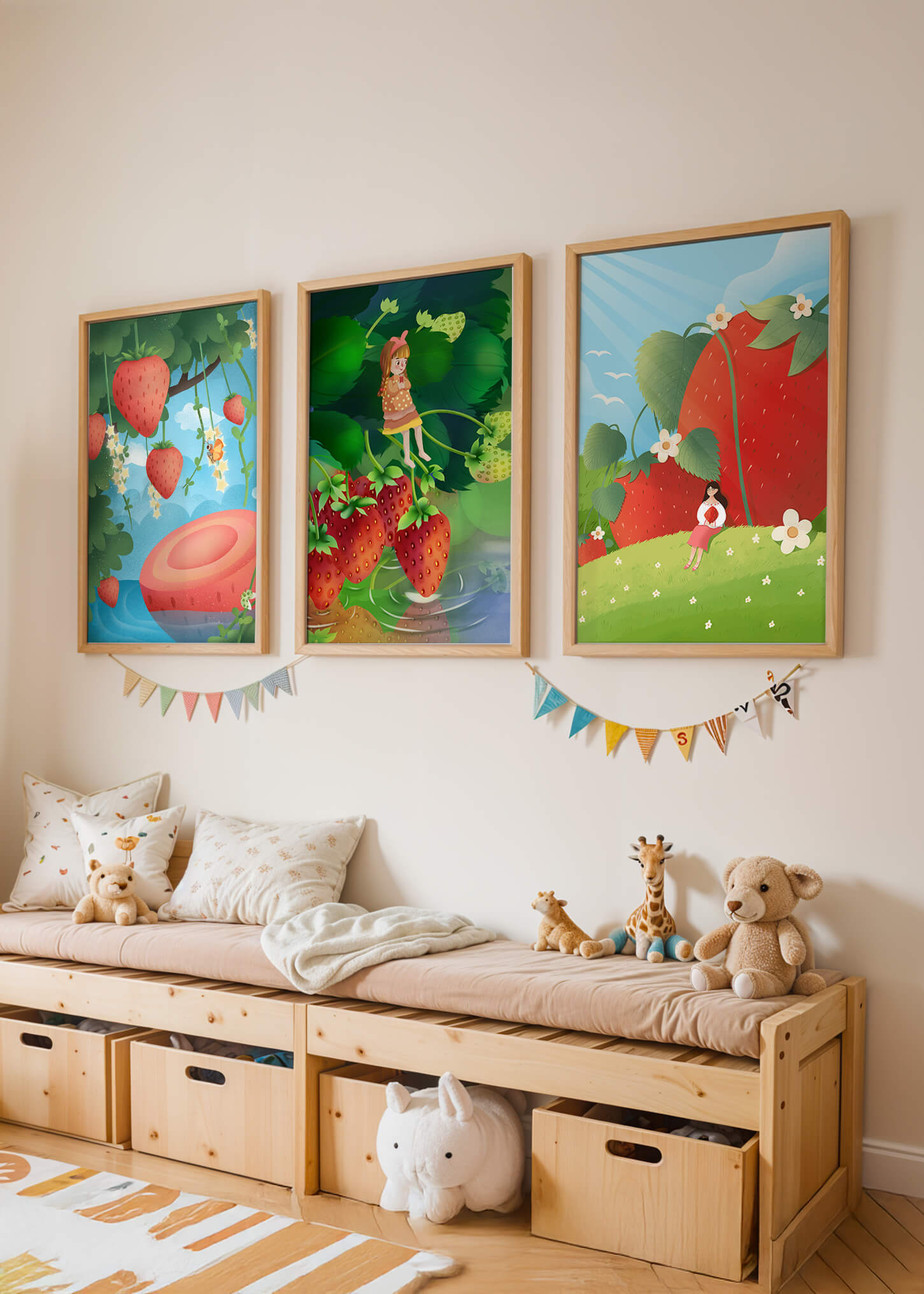 Ensemble d’illustrations de fraise avec une fillette dans un environnement naturel